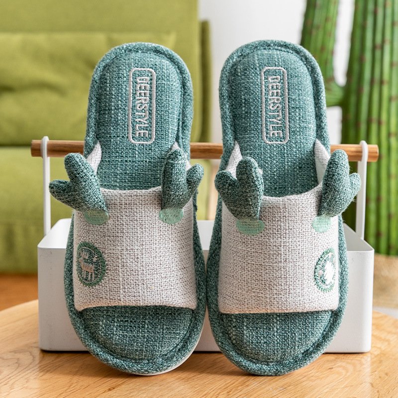 New Cartoon Women Shoes Indoor Couples Linen Slippers Soft Flexible Anti-slip Animal Prints Breathable Cotton Slides