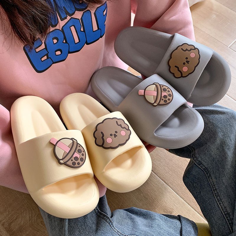 Women's Summer Milk Tea Cartoon PVC Slides New Fashion Indoor Thick Bottom Sandals with Cute Style and Soft EVA Outsole
