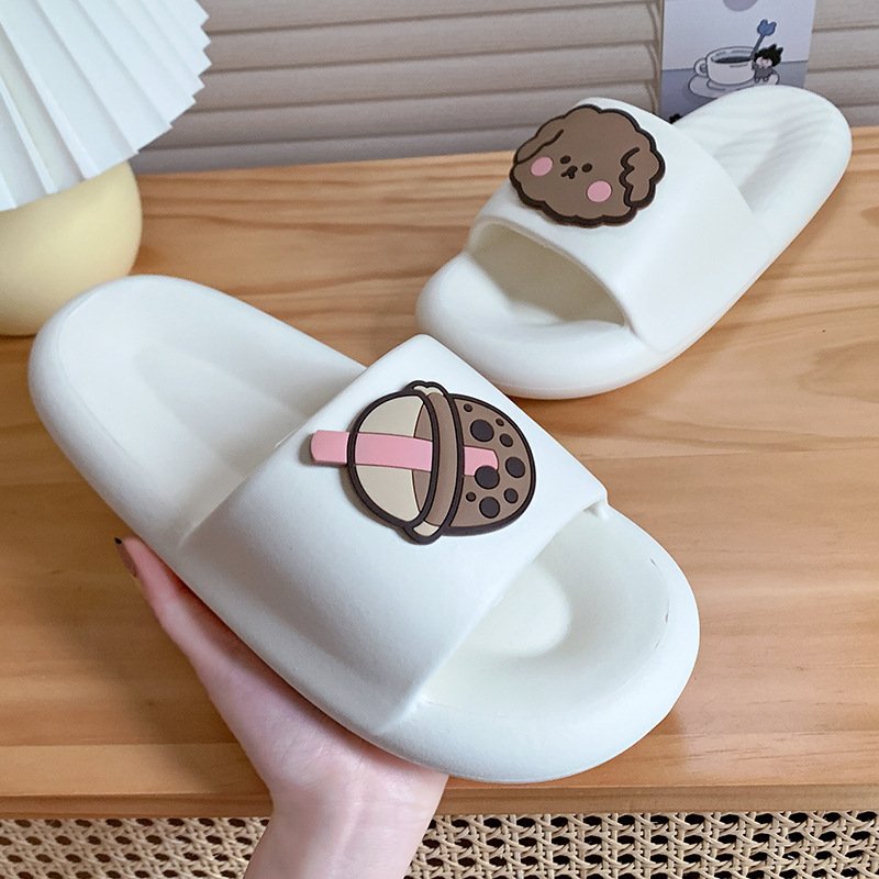 Women's Summer Milk Tea Cartoon PVC Slides New Fashion Indoor Thick Bottom Sandals with Cute Style and Soft EVA Outsole