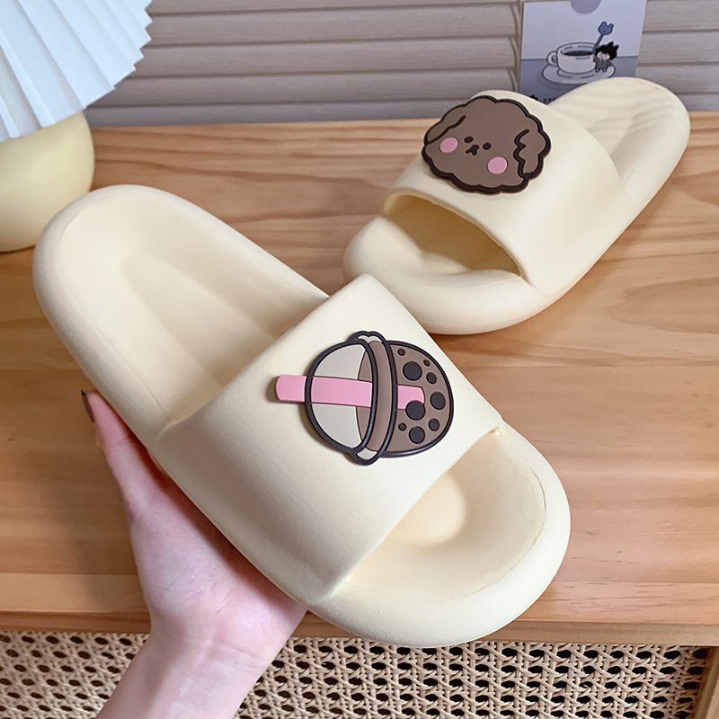 Women's Summer Milk Tea Cartoon PVC Slides New Fashion Indoor Thick Bottom Sandals with Cute Style and Soft EVA Outsole