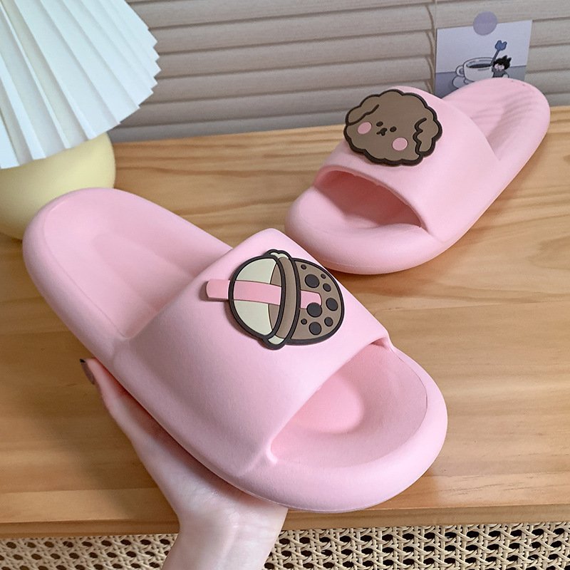 Women's Summer Milk Tea Cartoon PVC Slides New Fashion Indoor Thick Bottom Sandals with Cute Style and Soft EVA Outsole