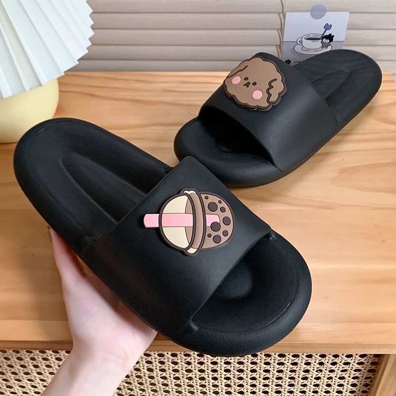 Women's Summer Milk Tea Cartoon PVC Slides New Fashion Indoor Thick Bottom Sandals with Cute Style and Soft EVA Outsole