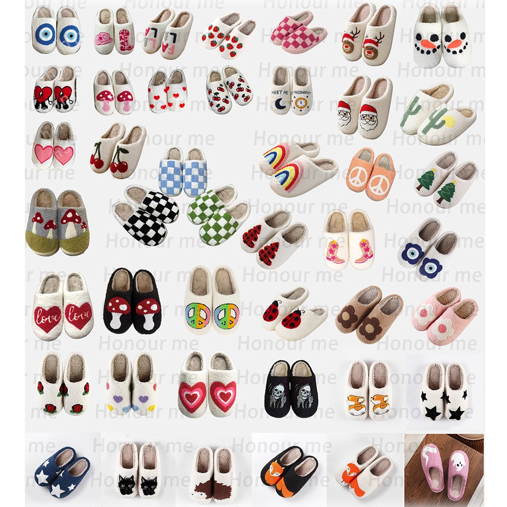 New Slides Home Warm Custom Slipper Fur Slides Faux Fur Happy Face Slippers Women Shoes Family Plush Slippers Custom