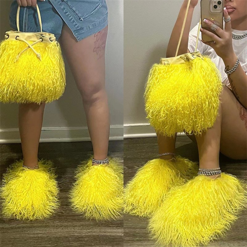 Winter New Fashion Trend Fluffy Slides Slippers for Women Wool Handbag Set Women's Bag Fur Cute Fancy Girls Shoes and Bag PVC