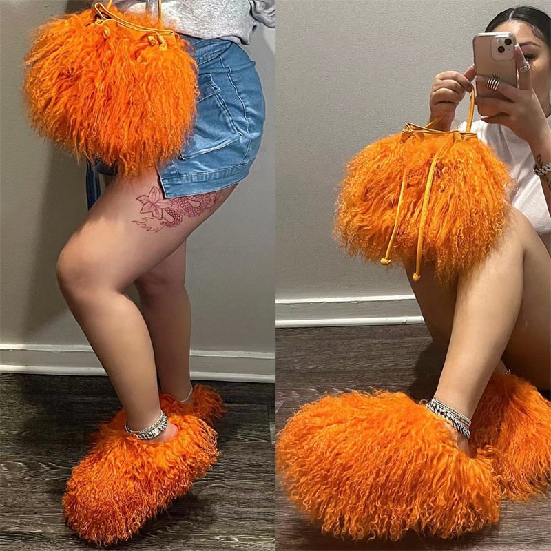 Winter New Fashion Trend Fluffy Slides Slippers for Women Wool Handbag Set Women's Bag Fur Cute Fancy Girls Shoes and Bag PVC
