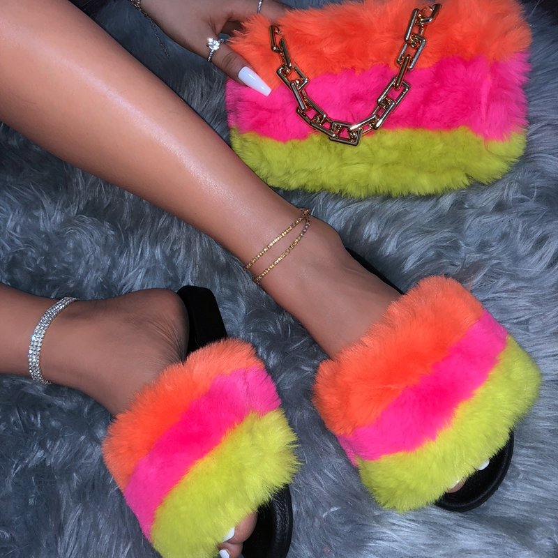 2021 Ladies Handbags with Sandal Set for Women Platform Sandals Matching Bags Set Furry Slippers and Purse Set