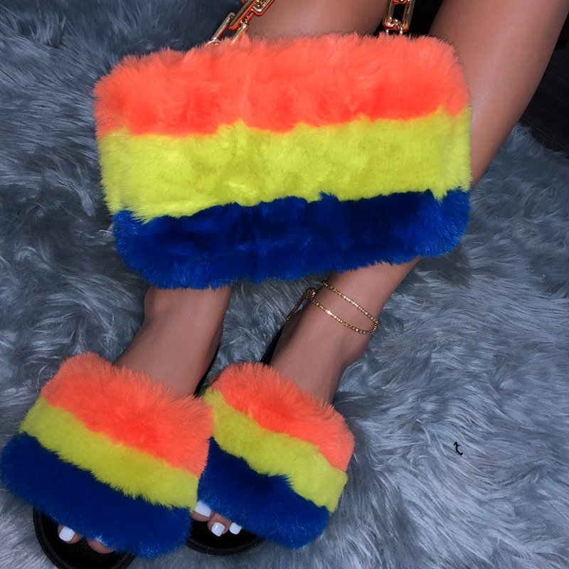 2021 Ladies Handbags with Sandal Set for Women Platform Sandals Matching Bags Set Furry Slippers and Purse Set