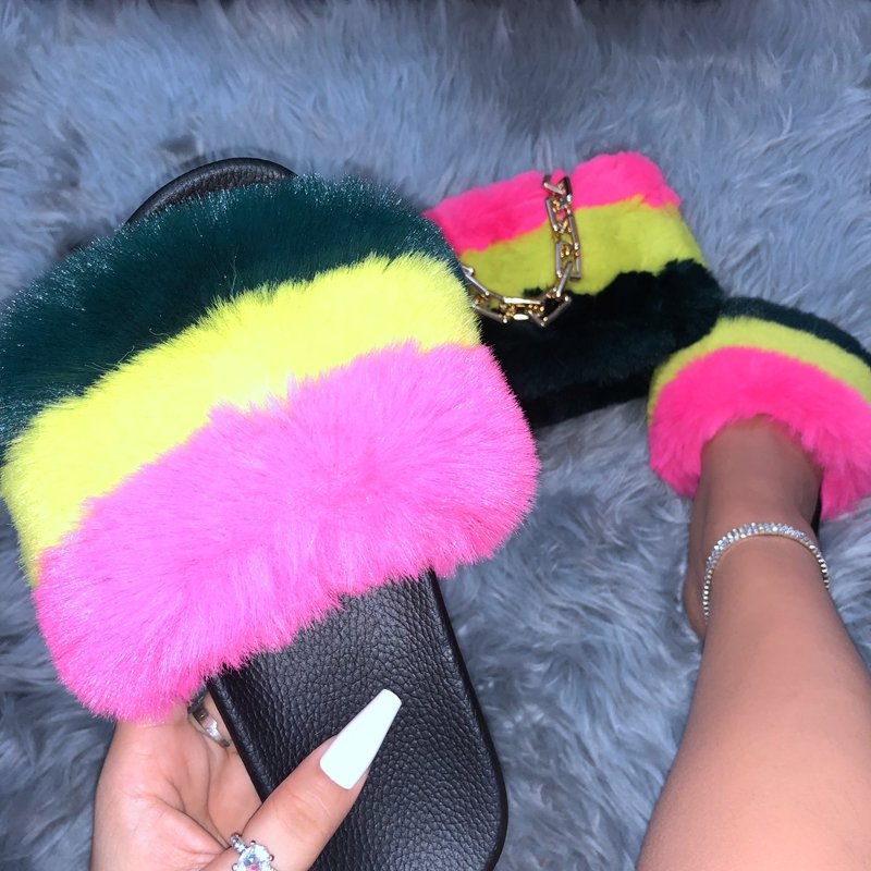 2021 Ladies Handbags with Sandal Set for Women Platform Sandals Matching Bags Set Furry Slippers and Purse Set
