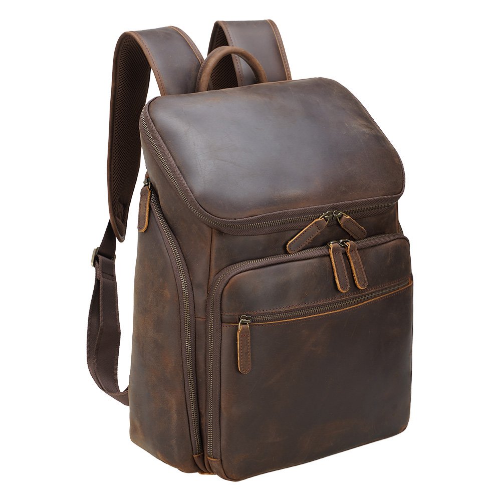 Vintage Style Custom OEM ODM Dark Brown Full Grain Crazy Horse Genuine Leather Bag Men Vintage 15.6 inches Laptop Backpack