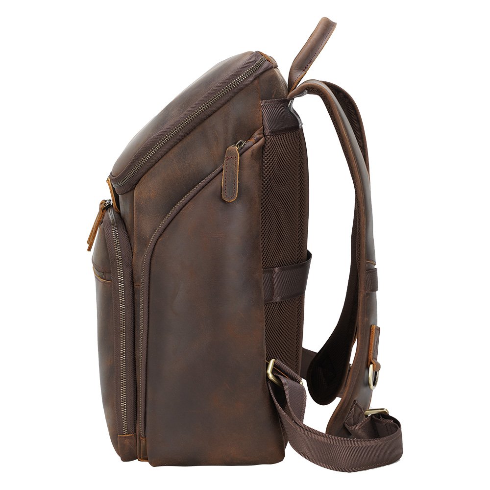 Vintage Style Custom OEM ODM Dark Brown Full Grain Crazy Horse Genuine Leather Bag Men Vintage 15.6 inches Laptop Backpack
