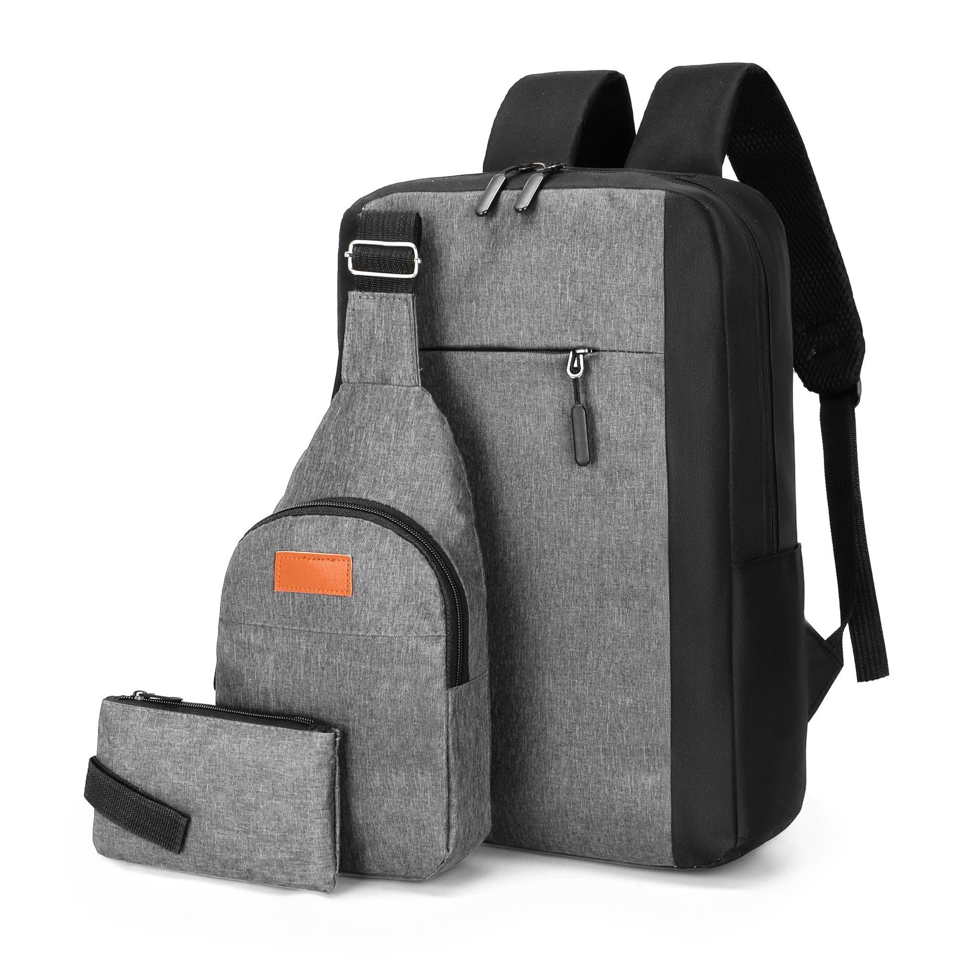 3pcs / Set Men Travel Business Laptop Backpack With USB Charging Port Light weight Computer Bag Daypack Grey