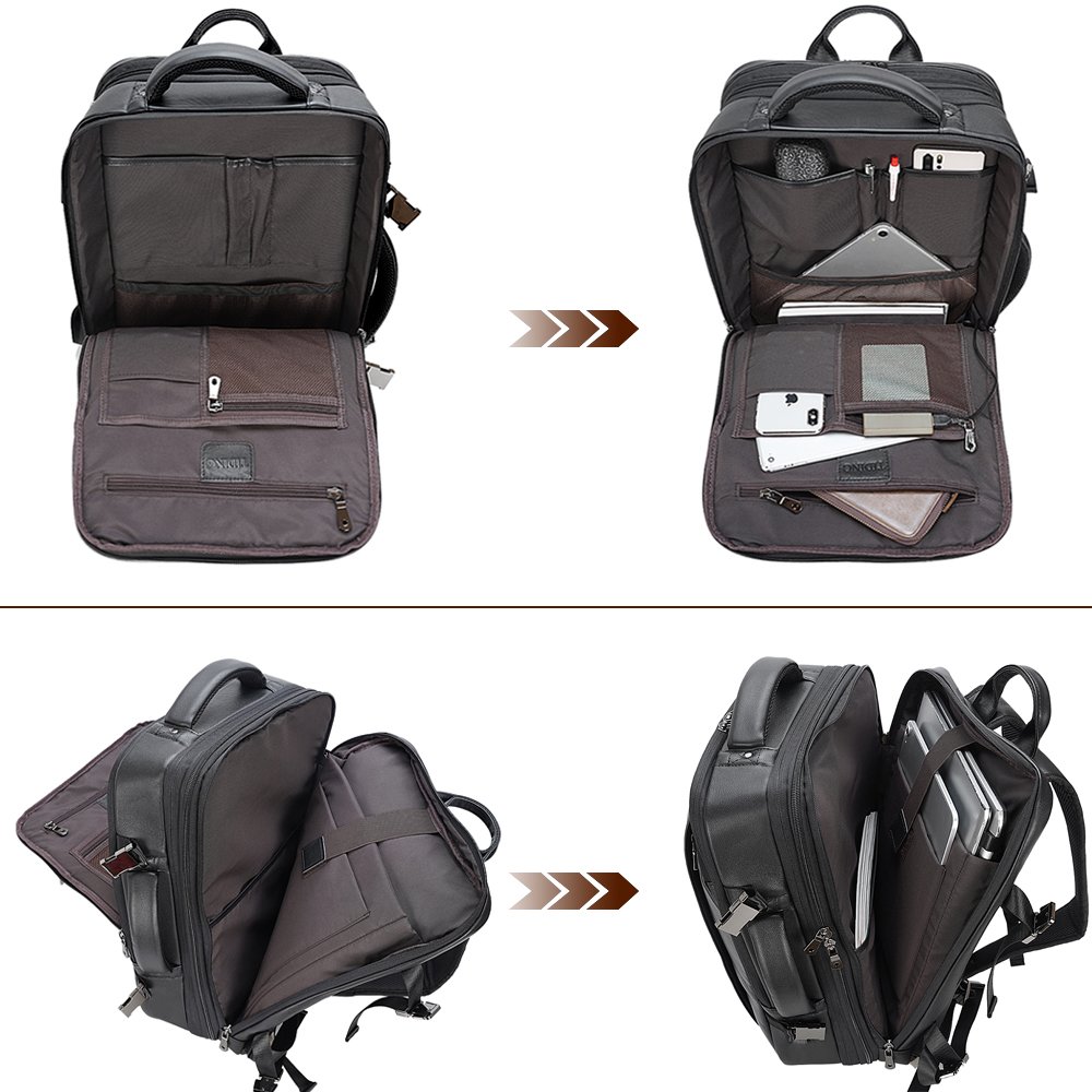 2024 New Design Oversized Premium Leather Back Pack Bag Mens Expand Capacity Black Genuine Leather Travel Backpack