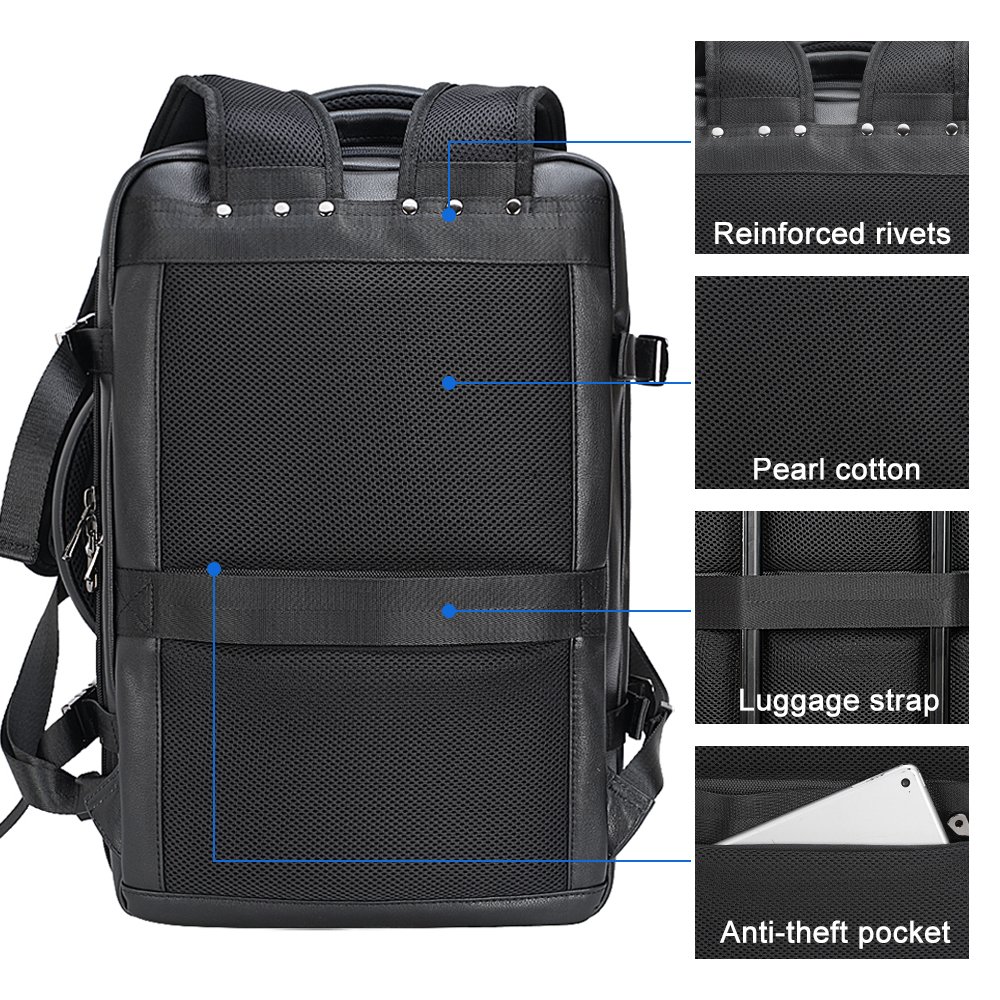 2024 New Design Oversized Premium Leather Back Pack Bag Mens Expand Capacity Black Genuine Leather Travel Backpack