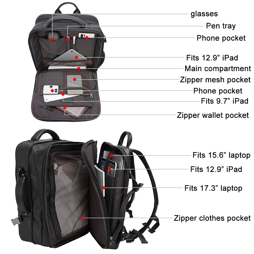 2024 New Design Oversized Premium Leather Back Pack Bag Mens Expand Capacity Black Genuine Leather Travel Backpack