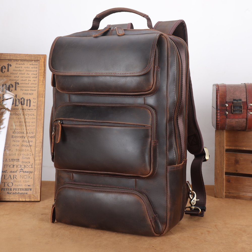 OEM ODM Custom Vintage Genuine Leather Men's Long Backpack Vintage Outdoor Travel Bag Crazy Horse Cowhide Laptop Backpack Bag
