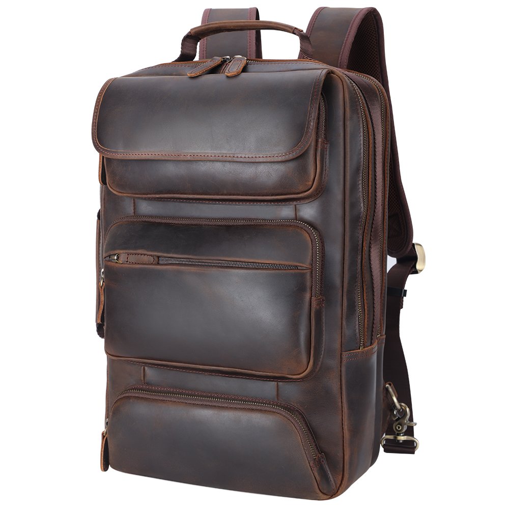 OEM ODM Custom Vintage Genuine Leather Men's Long Backpack Vintage Outdoor Travel Bag Crazy Horse Cowhide Laptop Backpack Bag