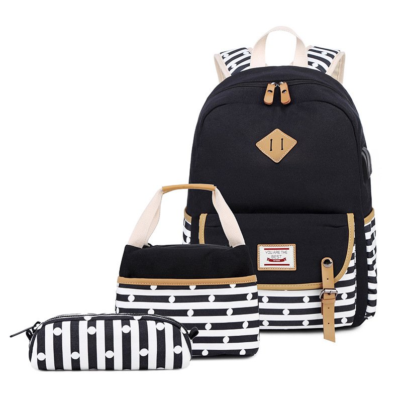 2024 wholesale three-piece set canvas casual backpack girls large capacity school bag USB laptop student kids backpack
