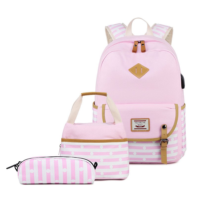 2024 wholesale three-piece set canvas casual backpack girls large capacity school bag USB laptop student kids backpack