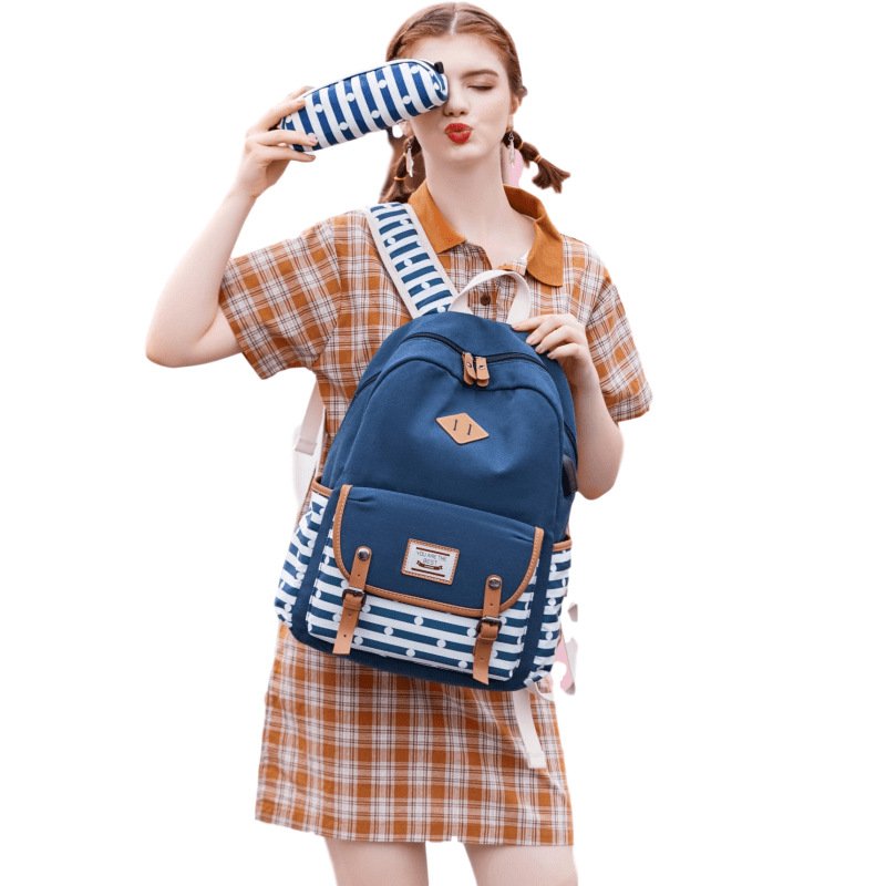 2024 wholesale three-piece set canvas casual backpack girls large capacity school bag USB laptop student kids backpack