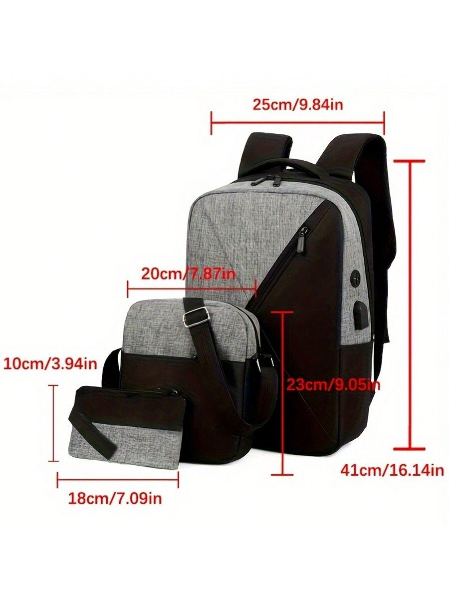 Gray new three-piece men's laptop backpack with USB interface backpack Business leisure travel notebook backpack three-piece set