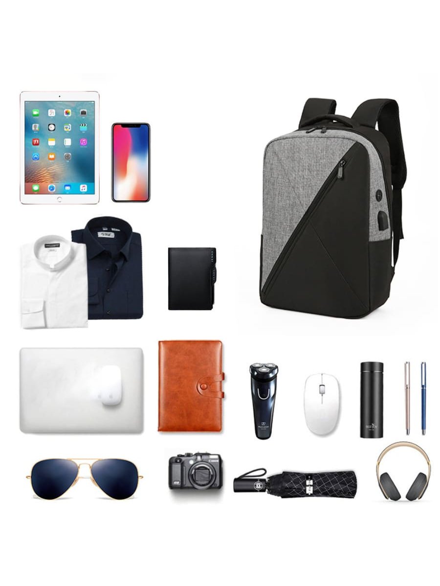 Gray new three-piece men's laptop backpack with USB interface backpack Business leisure travel notebook backpack three-piece set