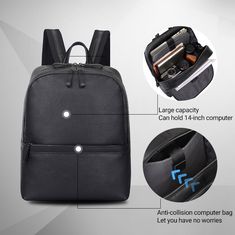 Business Casual Large Capacity 14 Inch Laptop Student Backpack Black Custom Anti-Theft Bag Men's Luxury Travel Leather Backpack