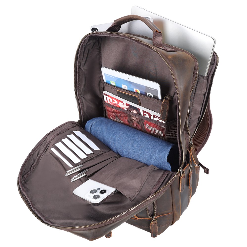 Factory Wholesale Genuine Full Grain Leather Men's Back Pack School Bag Vintage Outdoor Crazy Horse Cowhide Laptop Backpack