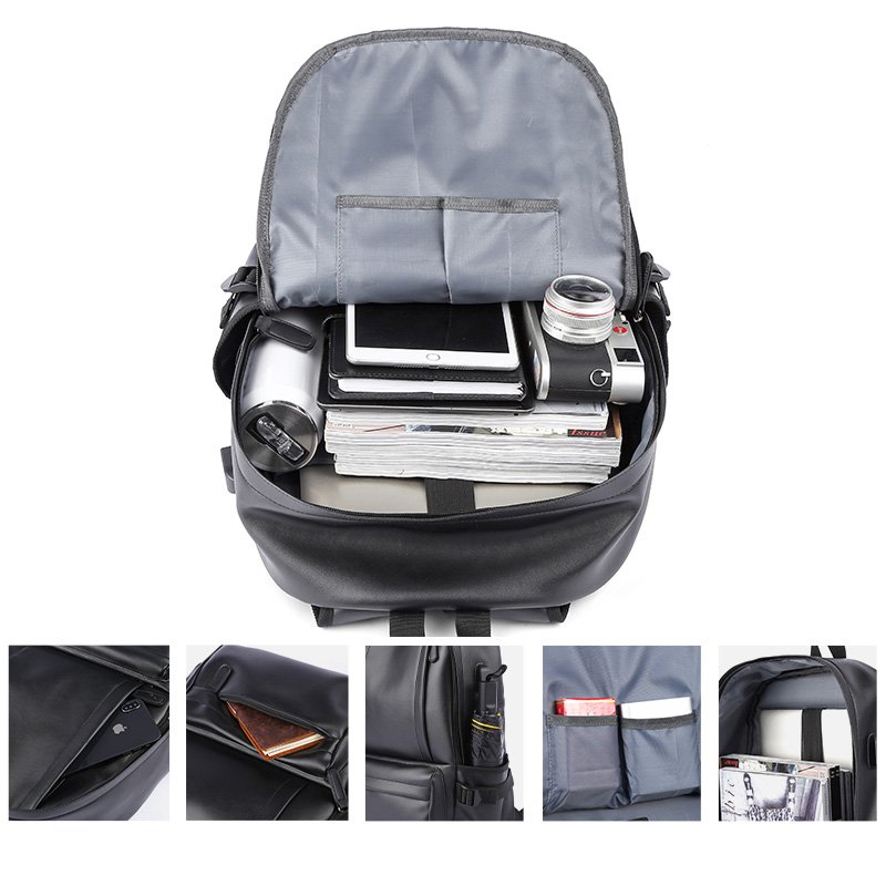 Custom Leather Bag For Men Large Capacity School Daypack Laptop Backpack Black Pu Leather Backpack