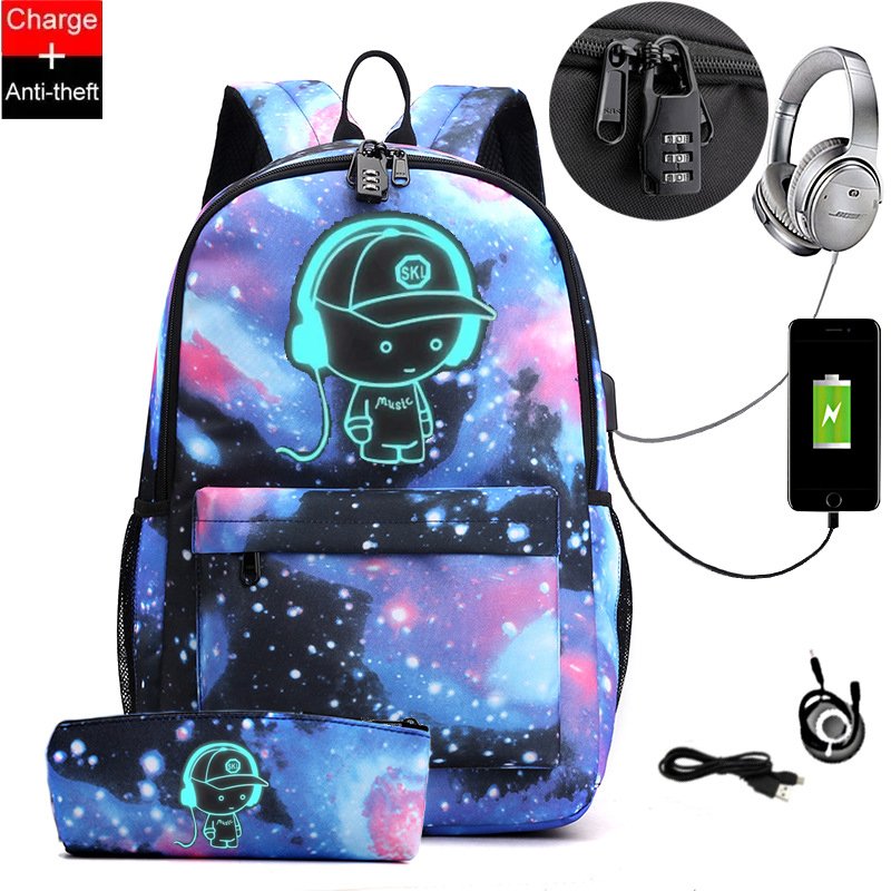 Trend Korean backpack computer bag middle school bag men and women luminous USB outdoor leisure backpack