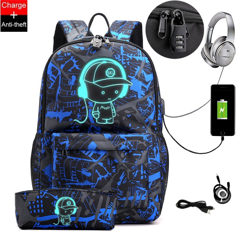 Trend Korean backpack computer bag middle school bag men and women luminous USB outdoor leisure backpack