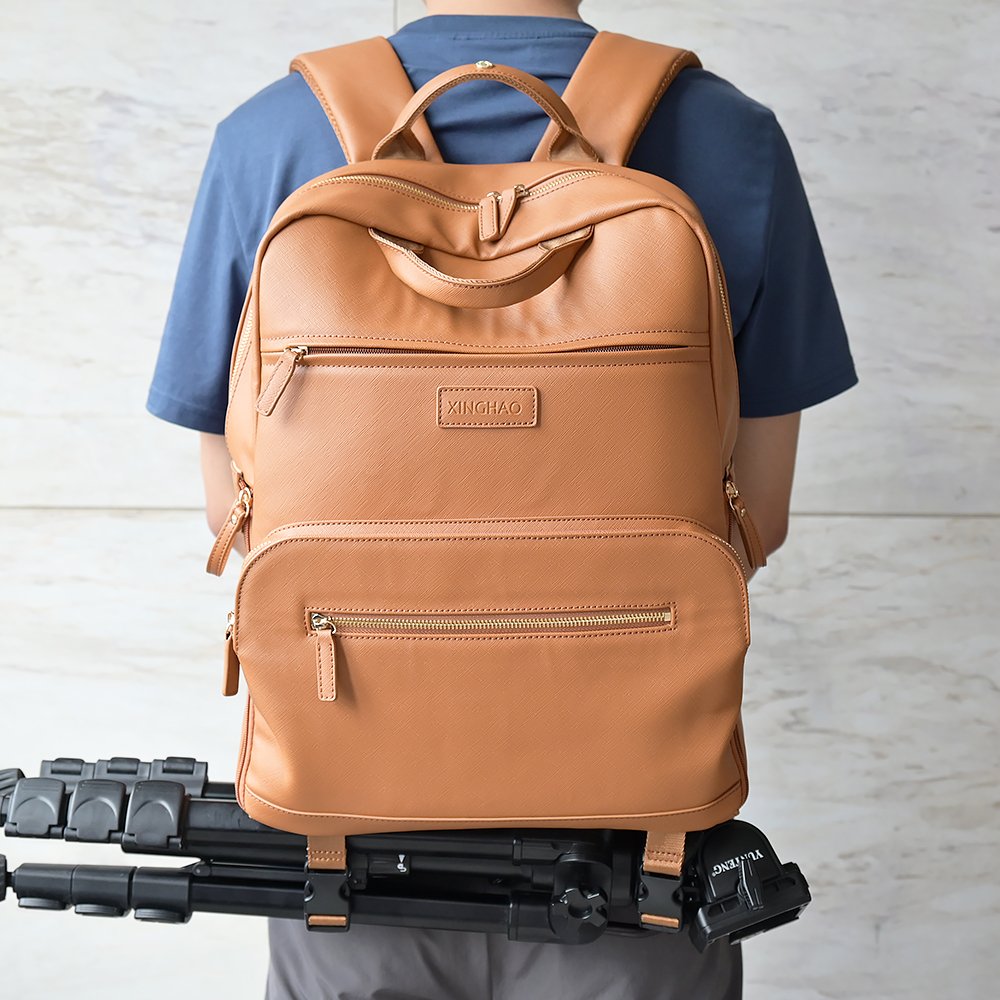 custom unisex brown microfiber vegan leather photographer travel laptop dslr camera bags backpack