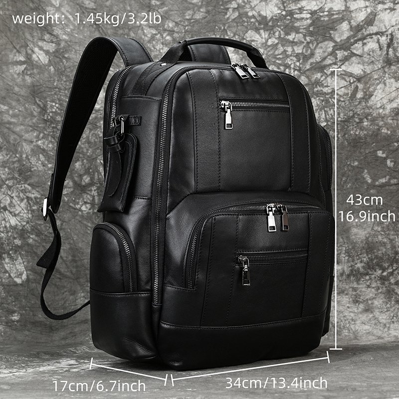 Large Capacity Backpack Black Functional Rucksack Men Genuine Leather Laptop Backpack Women Casual Travel Bag