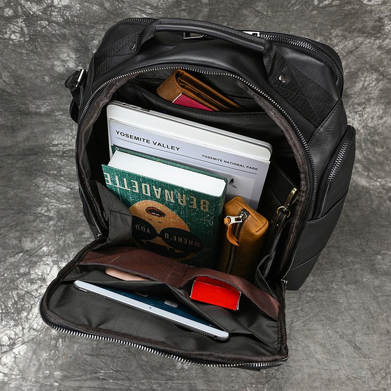 Large Capacity Backpack Black Functional Rucksack Men Genuine Leather Laptop Backpack Women Casual Travel Bag