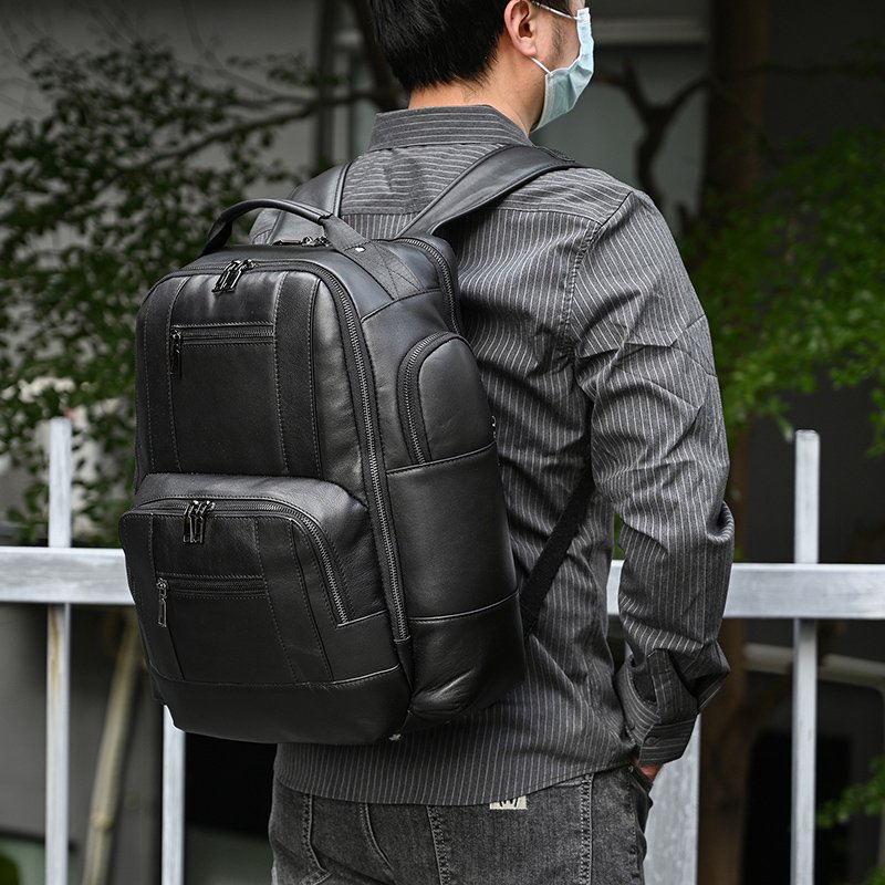 Large Capacity Backpack Black Functional Rucksack Men Genuine Leather Laptop Backpack Women Casual Travel Bag