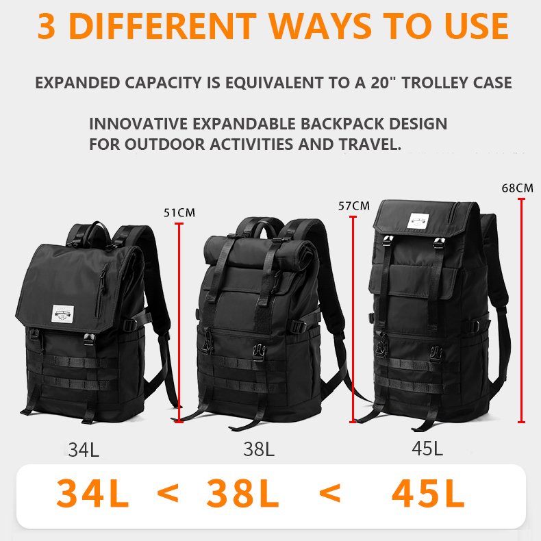 45L Expandable Travel Laptop Backpack Sport Outdoor Bag For Men Anti Theft Roll Top Backpack