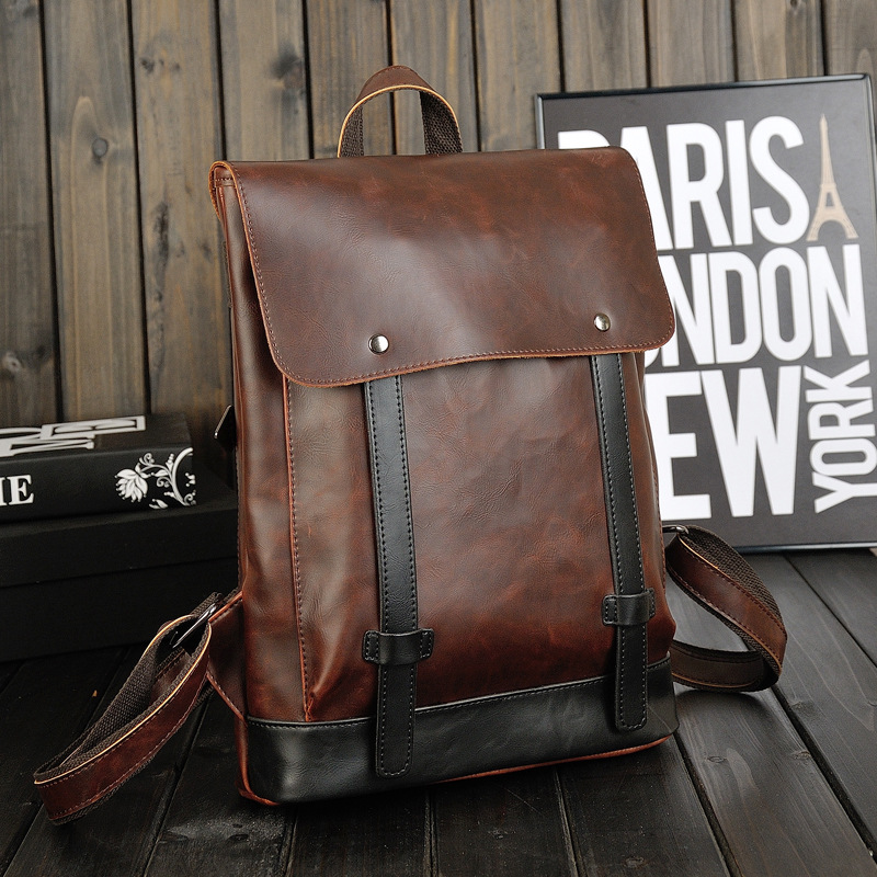 Men Crazy Horse Pu Leather Backpack For Men Laptop Leather Backpack