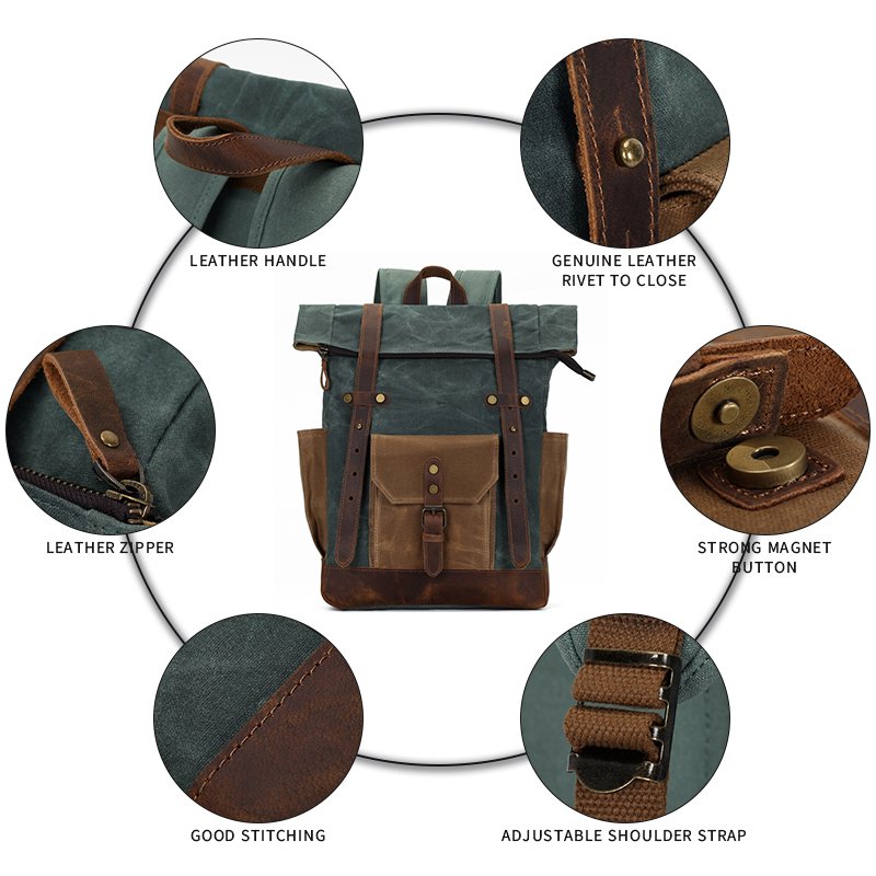 Custom Logo Vintage Large Capacity Camping Hiking Outdoor Travel Laptop Waxed Canvas Rucksack Backpack Bag For Men