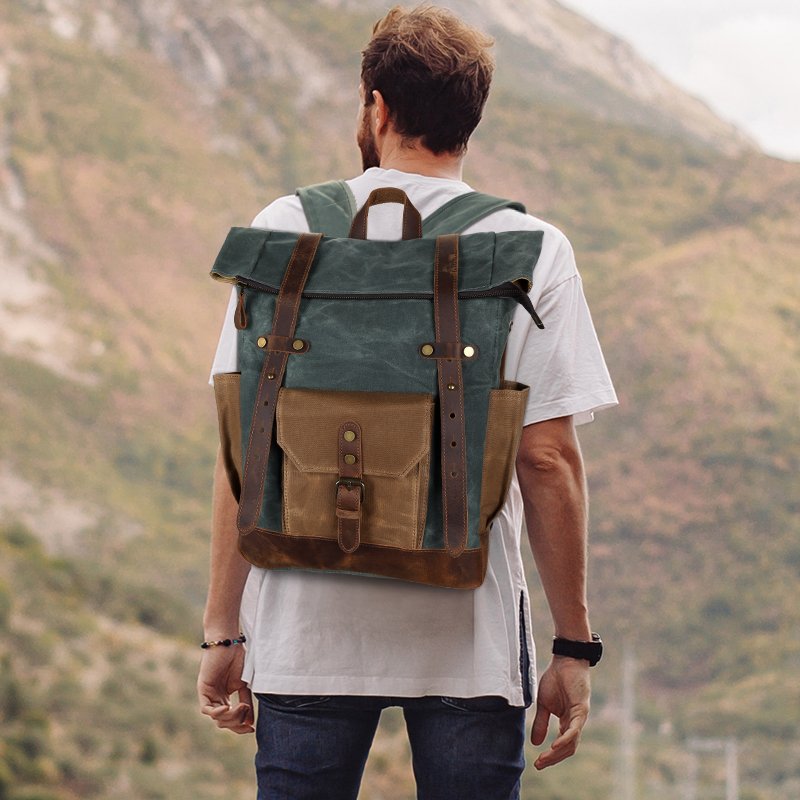 Custom Logo Vintage Large Capacity Camping Hiking Outdoor Travel Laptop Waxed Canvas Rucksack Backpack Bag For Men