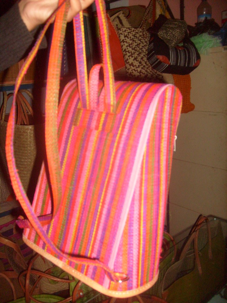 girls colorful raffia crossbody school backpack bag long strap cotton fabric lining snap button closure
