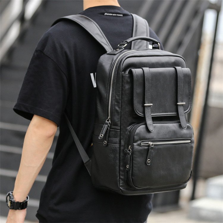 Wholesale men's pu leather backpack middle school students simple youth casual custom brand schoolbag 14'' laptop backpack