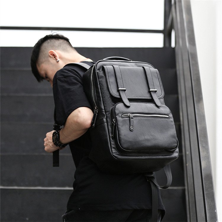 Wholesale men's pu leather backpack middle school students simple youth casual custom brand schoolbag 14'' laptop backpack