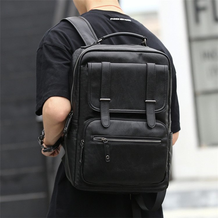 Wholesale men's pu leather backpack middle school students simple youth casual custom brand schoolbag 14'' laptop backpack