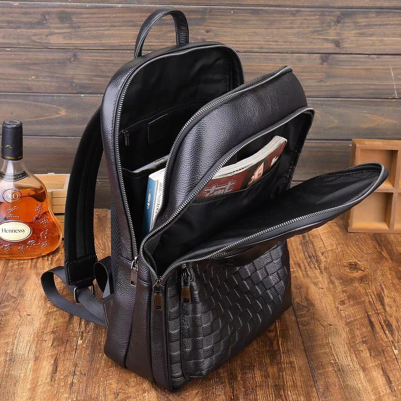 Custom Logo Leather Checkerboard Laptop Back Pack Men Waterproof Black Genuine Leather Travel Laptop Backpack for Men