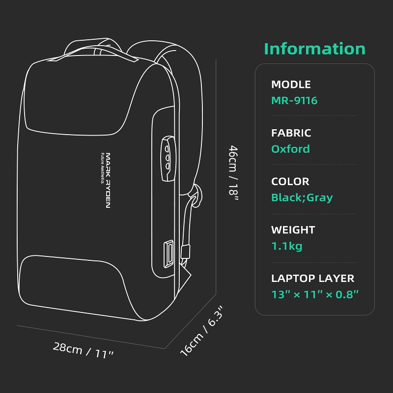 Mark Ryden Laptop Backpack Anti Theft USB Charging laptop bags Men School Bags business backpack bags for laptop MR9116-B
