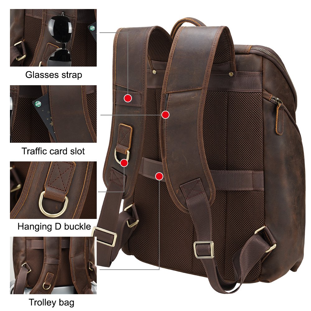 High Quality Factory Supply Wholesale Brown Crazy Horse Leather Full Grain Men's Genuine Leather Laptop Backpack For Daily Use