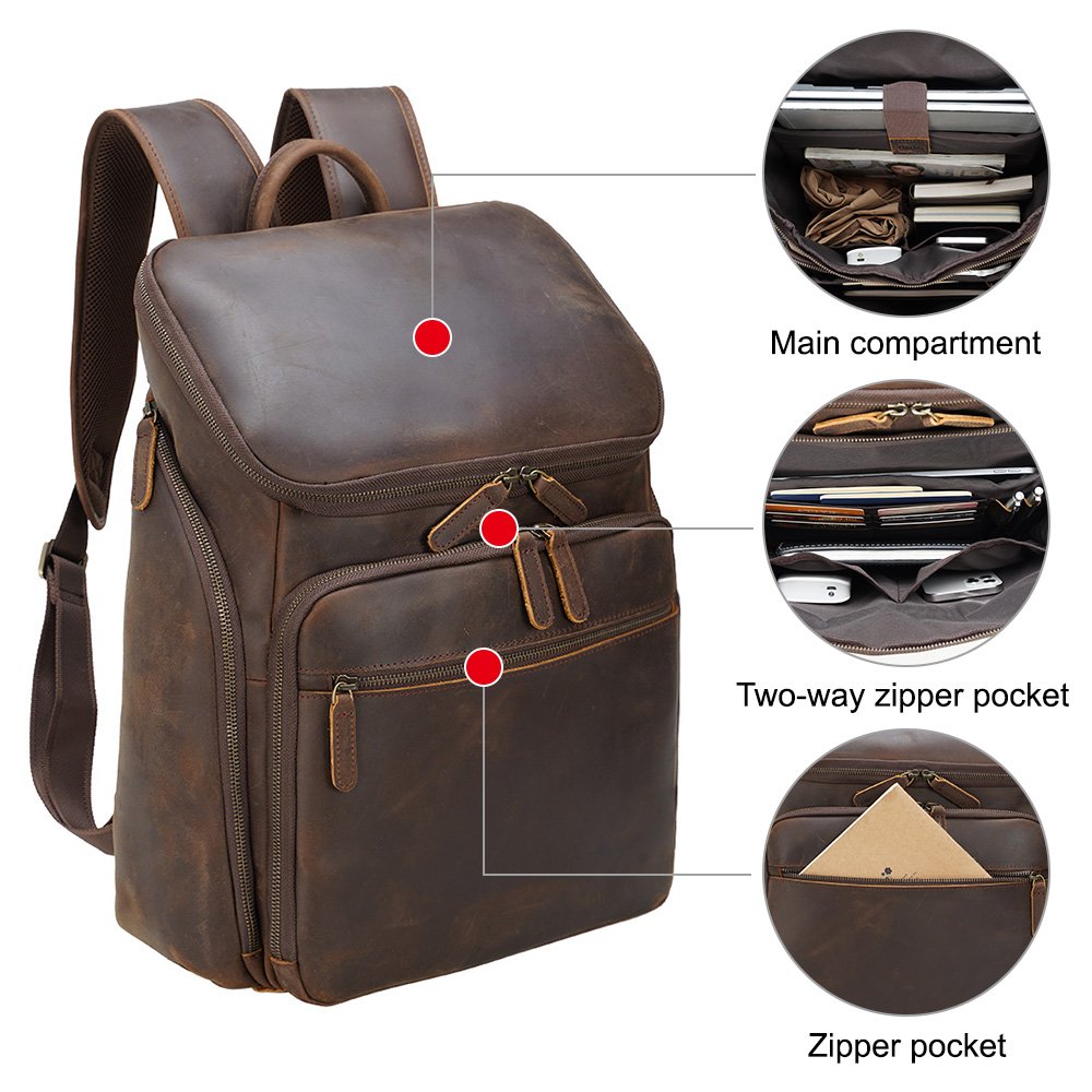 High Quality Factory Supply Wholesale Brown Crazy Horse Leather Full Grain Men's Genuine Leather Laptop Backpack For Daily Use