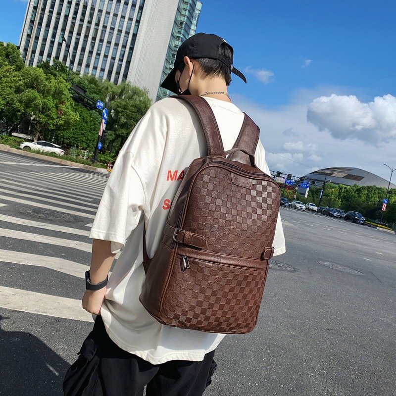 Factory 15.6 Inch Custom Logo Waterproof Oxford Leather Material Plaid Business Men Day Pack Bag Travel Laptop Backpack