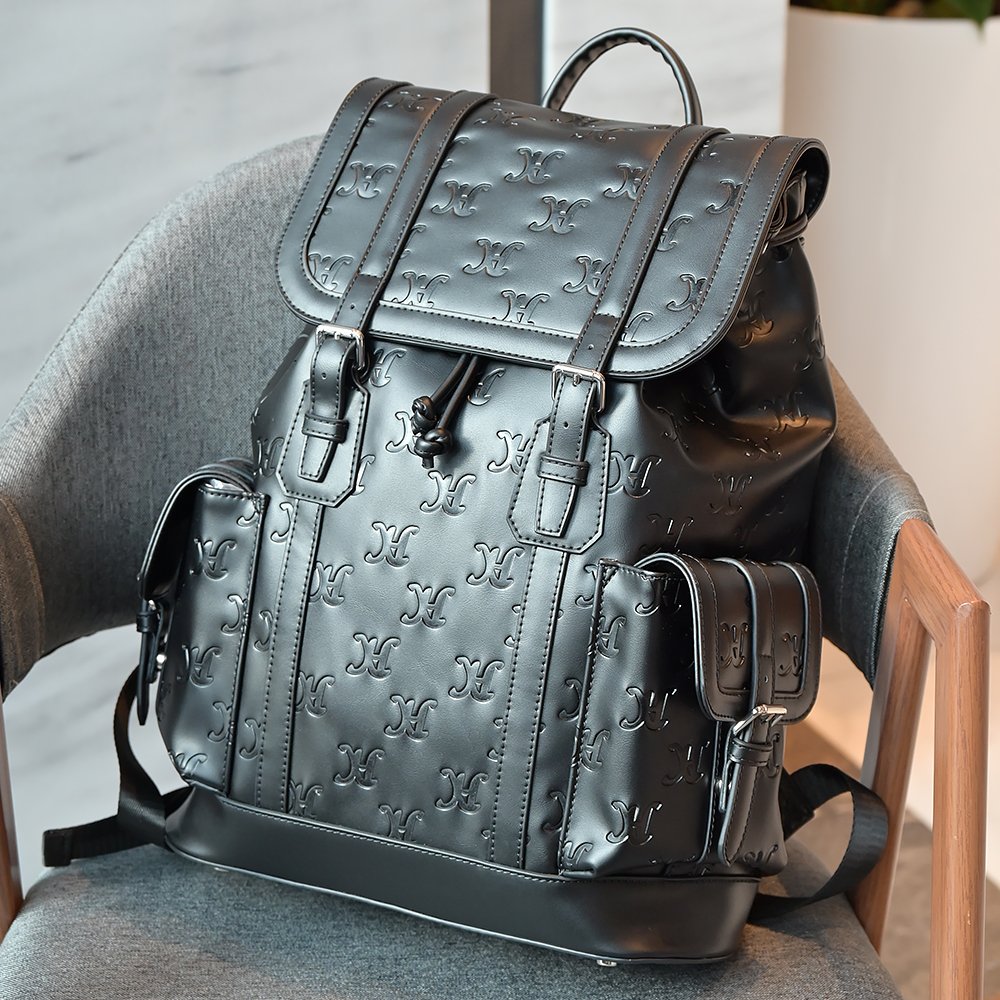 custom your logo fashion black vegan PU faux leather business work laptop travel men's leather backpacks