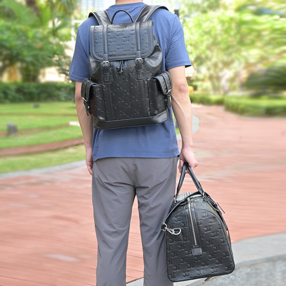 custom your logo fashion black vegan PU faux leather business work laptop travel men's leather backpacks
