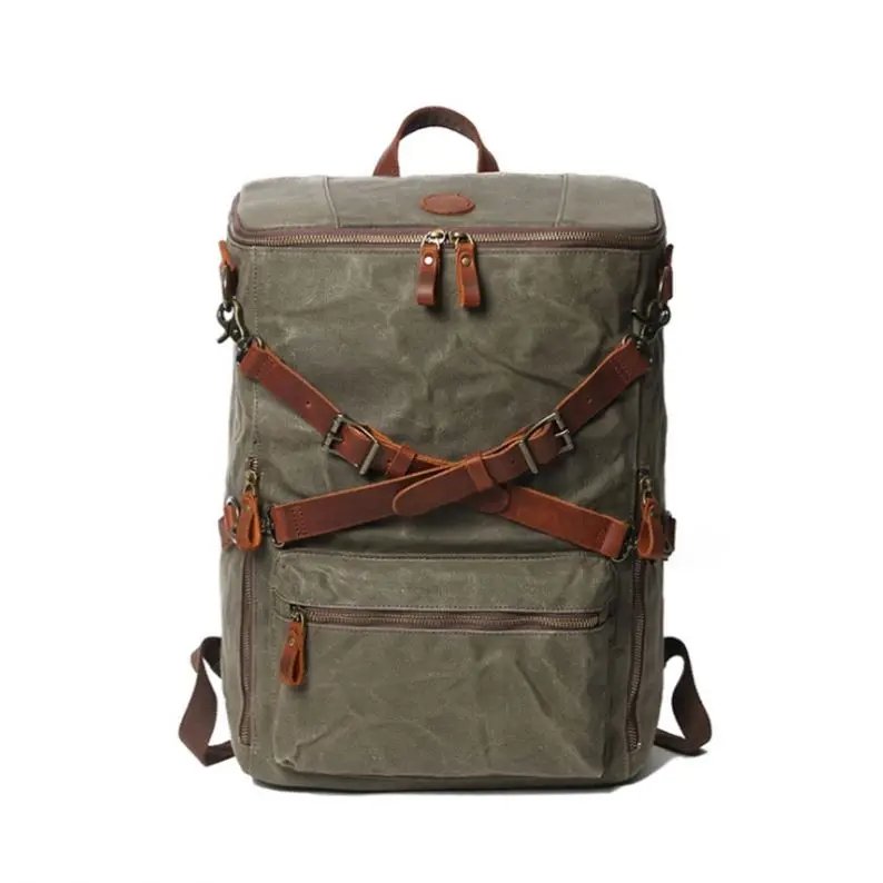 Multifunctional Waterproof Waxed Canvas Cotton Crazy Horse Leather Rucksack Travel Backpack Vintage Customized Oem Unisex Zipper